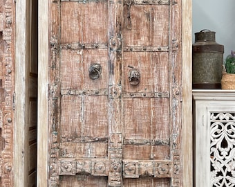 Hand Carved Reclaimed Indian Antique Timber Doors Wardrobe Statement Cupboard Storage Cabinet Closet Shelves