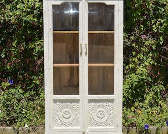 White Hand Carved Timber Floral Mandala Glass Door Wardrobe Cupboard Vintage Storage Display Cabinet