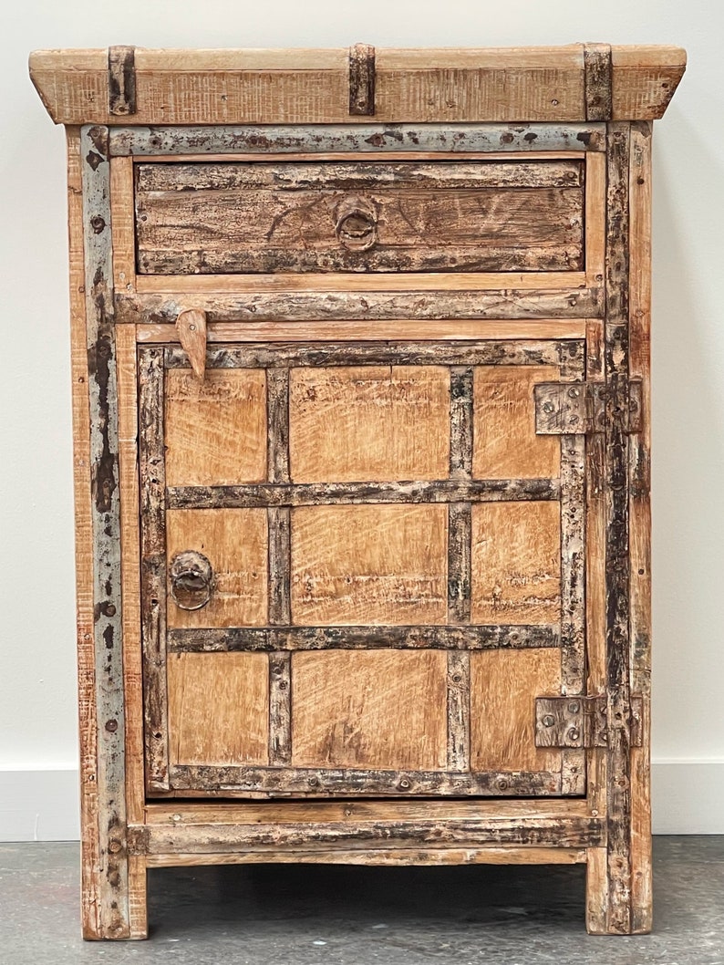 Handcrafted Indian Antique Timber & Metal Bedside Boho Chic Side Table