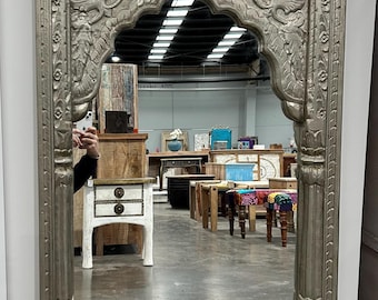 Unique Vintage Indian Hand Carved Timber & White Metal Mehrab Silver Wall Mirror Architectural Statement Piece