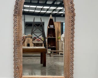 Unique Vintage Indian Hand Carved Timber Full Length Wooden Wall Mirror Architectural Statement Piece