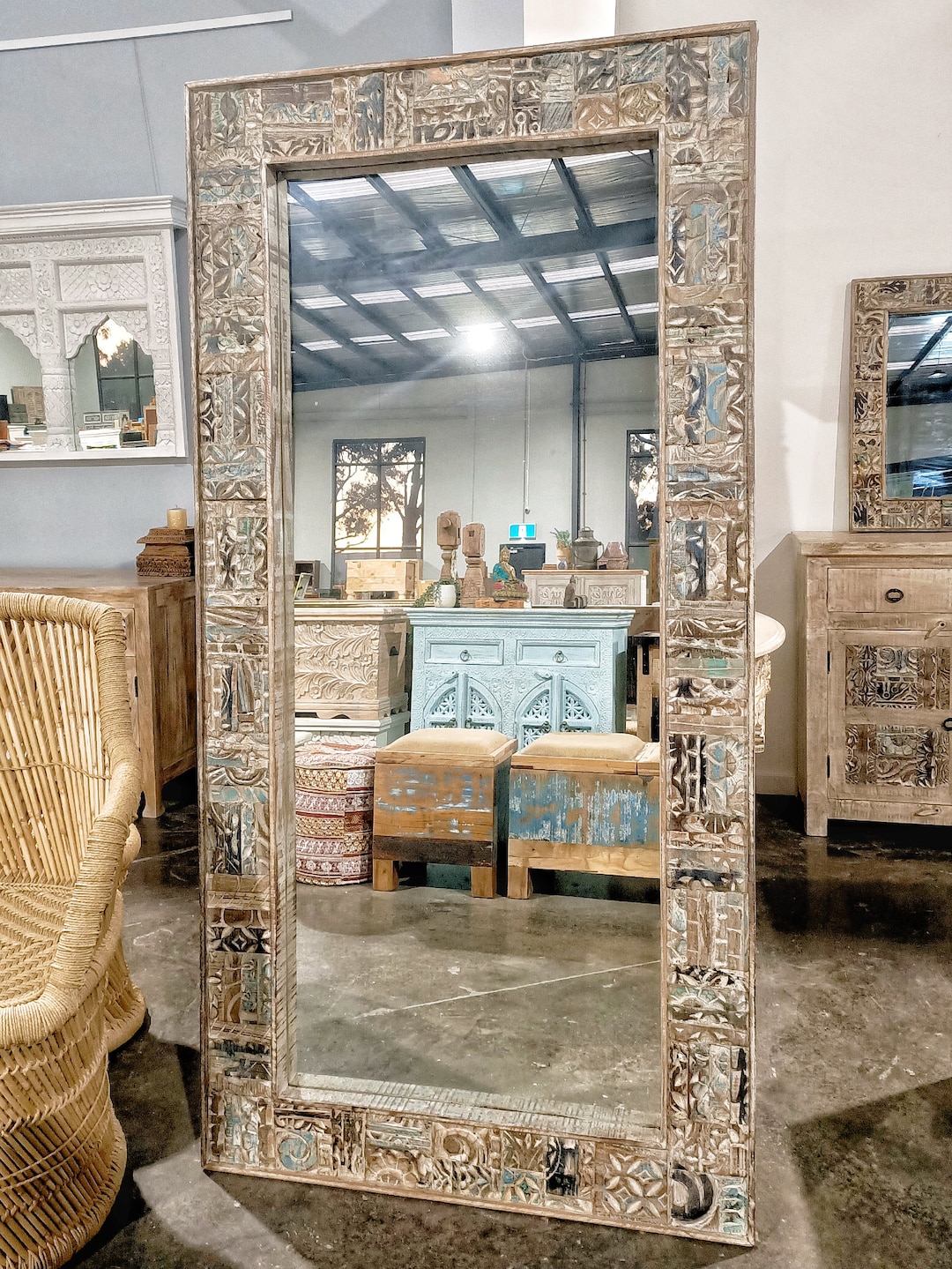 Hand Carved Reclaimed Timber Pattern Indian Statement Piece Full