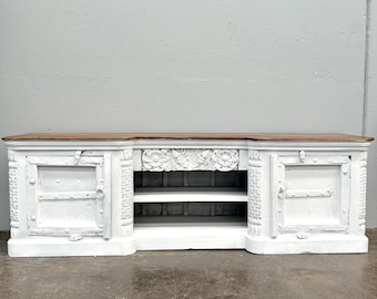 East Connection Hand Carved  Vintage Antique Indian Distressed White Timber TV unit Cabinet