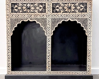 Bohemian Black & White Hand Painted Indian Mehrab Bone Inlay Pattern Moroccan Storage Cabinet