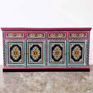 Black Hand Painted Indian Floral Pattern Buffet Moroccan Sideboard Cabinet