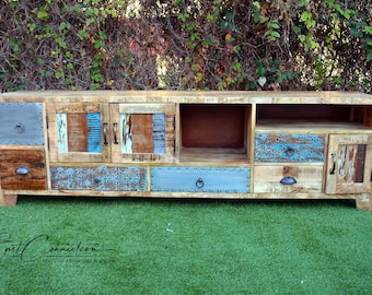 Handcrafted Scandinavian Timber Vintage TV Cabinet Retro Reclaimed Wood Multi Drawer Lowline Entertainment Unit