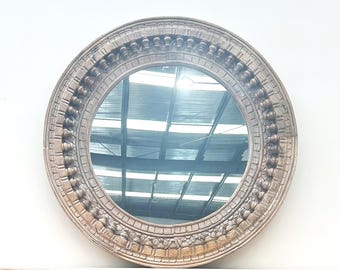 Unique Indian Hand Carved Timber & White Washed Wall Mirror Round Architectural Statement Piece