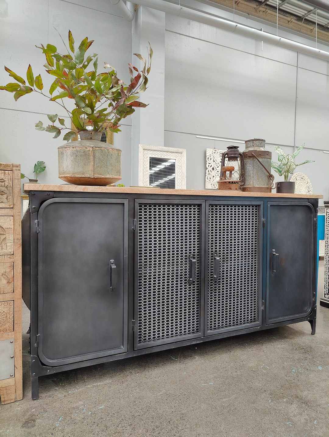 Vintage Industrial Metal & Mesh Door Timber Top Buffet Sideboard
