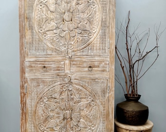 Hand Carved Distressed Timber Floral Mandala Door Wardrobe Cupboard Vintage Storage Cabinet with Drawers