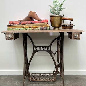Vintage Industrial Timber & Metal Upcycled Sewing Machine Console Hall Table