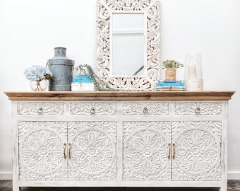 White French Provincial Floral Mandala Door Sideboard with Drawers Natural Timber Top