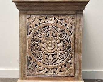 Hand Carved Timber French Provincial Bedside Cabinet Indian Mandala Nightstand Boho Side Table