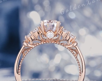 Unique Oval Moissanite Engagement Ring Vintage Rose Gold Moissanite Wedding Ring Art Deco Moissanite Cluster Ring Promise Rings for Women