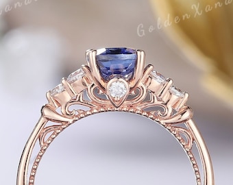 Victorian Cornflower Blue Sapphire Engagement Ring Solid Gold Vintage Blue Sapphire Wedding Ring Cluster Promise Gemstone rings For Women