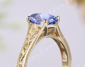 Vintage Cornflower Blue Sapphire Engagement Ring Engraved Flower Oval Sapphire Wedding Ring Solid Gold Handmade Promise Rings For Women