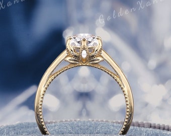 Floral Oval Moissanite Engagement Ring Solid Gold Nature Flower Moissanite Wedding Ring Personalized Promise Ring Botanical Rings For Women