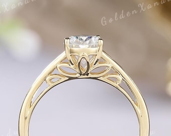 Natural Floral Oval Moissanite Engagement Ring Solid Gold Flower Moissanite Wedding Ring Promise Ring Engraved Botanical Rings For Women