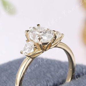 Unique Floral Pear Cut Moissanite Engagement Ring Solid Gold Flower Moissanite Wedding Ring Three Stone Promise Ring Lotus Rings For Women