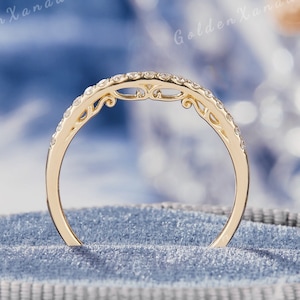 Vintage Moissanite Wedding Band Solid Gold Art deco Half Eternity Moissanite Wedding Ring Band Stackable Matching Rings For Women