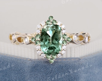 Teal Sapphire Engagement Ring Victorian Solid Gold Green Sapphire Wedding Ring Elongated Cushion Cut Ring Gemstone Promise Rings for Women