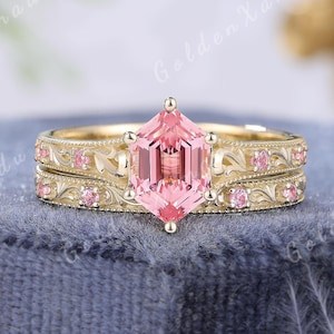 六角形ピンクサファイアエンゲージリングセット ソリッドゴールド ヴィンテージ パパラチャ 結婚指輪 刻印入りフラワープロミスリング ジェムストーンリング レディース