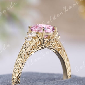 Oval Pink Sapphire Engagement Ring Solid Gold Vintage Sapphire Wedding Ring Engraved Patterned Leaf Promise Ring Gemstone Rings for Women
