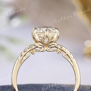 Unique Flower Moissanite Engagement Ring Solid Gold Moissanite Wedding Ring Promise Ring Nature Inspired Rings For Women Handmade Gift