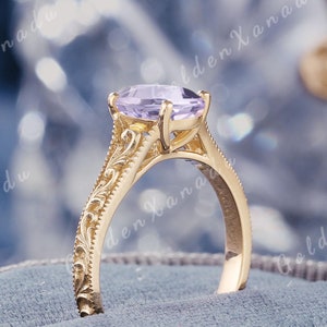 Victorian Lavender Sapphire Engagement Ring Solid Gold Oval Purple Sapphire Wedding Ring Custom Engraved Floral Promise Rings For Women