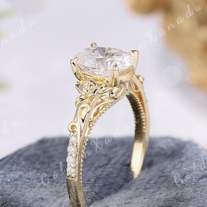 Nature Inspired Flower Engagement Ring Vintage Oval Moissanite Wedding Ring Solid Gold Engraved Leaf Design Promise Rings For Women