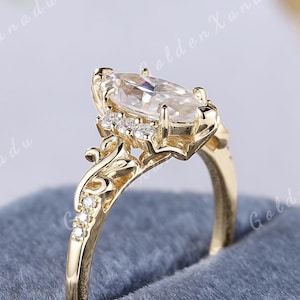 Vintage Marquise Moissanite Fairy Engagement Ring Natural Inspired Moissanite Flower Wedding Ring Handmade Leaf Promise Rings For Women