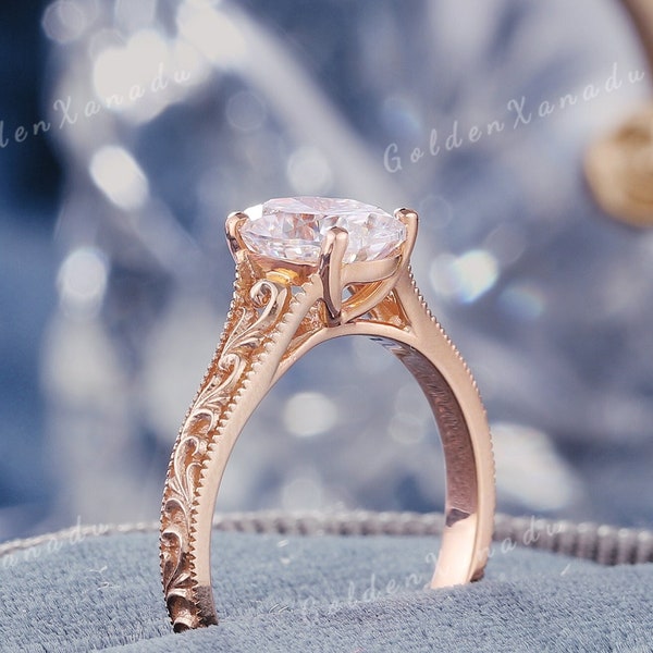 Anillo de compromiso ovalado de moissanita en oro rosa macizo: anillo de promesa con grabado de filigrana vintage.