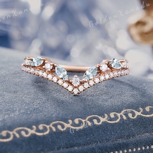 Aquamarine Curved Wedding Band Rose Gold Aquamarine Wedding Ring Aquamarine Moissanite Stackable Rings Diamond Ring Custom Rings For Women