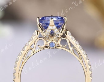 Cornflower Blue Sapphire Engagement Ring Vintage Blue Sapphire Wedding Ring Solid Gold Gemstone Promise Rings For Women Anniversary Gift