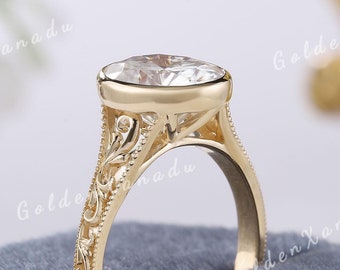 Vintage 3ct Moissanite Engagement Ring Bezel Set Solid Gold Handmade Engraved Oval Moissanite Wedding Ring Flower Promise Rings For Women
