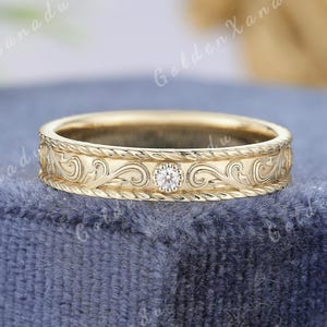 Vintage Mens Engraved Wedding Band Ring Thick Gold Moissanite Wedding Ring Matching Rings Leaf Trim  Promise Rings For Men Handmade Jewelry