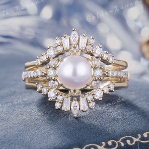 Einzigartige Akoya Perle Verlobungsring Set Massivgold Perle Trauringe Versprechen Ring Art Deco Doppel Gebogene Eheringe Für Frauen
