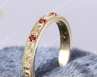 Vintage Ruby Engraved Wedding Band Solid Gold Ruby Wedding Ring Red Gemstone Rings Handmade Antique Patterned Matching Rings for Women