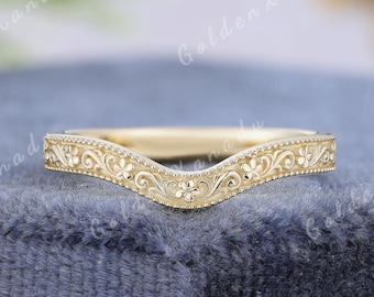 Hand Carved Flower Curved Wedding Band Vintage Solid Gold Wedding Rings with Handmade Engraved Vine Stackable Rings Promise Rings for Women