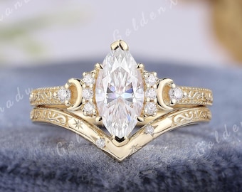 Vintage Marquise Moissanite Moon Engagement Ring Set Solid Gold Fantasy Moissanite Wedding Ring Handmade Engraved Promise Rings For Women