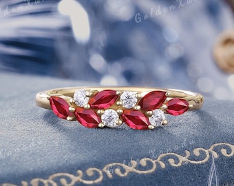 Marquise Ruby trouwring massief gouden robijn trouwring rode edelsteen belofte ring stapelbaar bijpassende ringen voor vrouwen handgemaakte sieraden