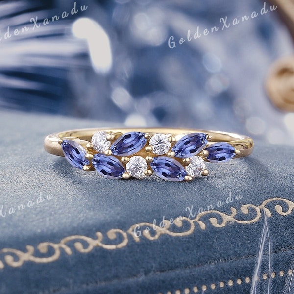 Marquise Blue Sapphire Wedding Band Solid Gold Cornflower Sapphire Wedding Ring Diamond Stackable Matching Rings For Women Anniversary Gift