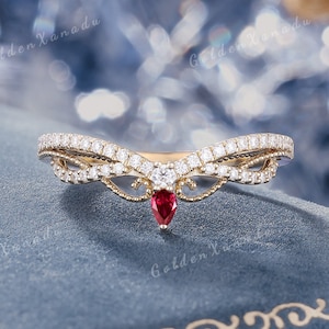 Vintage Ruby Moissanite Curved Wedding Band | Solid Gold Ruby Wedding Ring Diamond Ring Crown Stackable Rings Promise Rings For Women