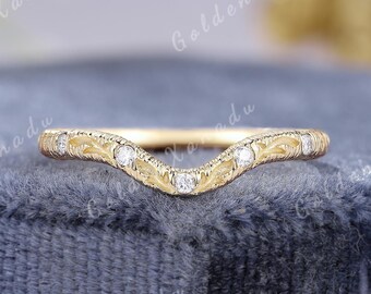 Handmade Engraved Moissanite Curved Wedding Band Solid Gold Brushed Wedding Rings Custom Leaf Ring Stackable Promise Rings for Women