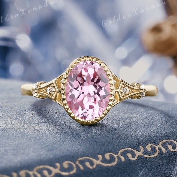 Bague de fiançailles saphir rose or massif pêche saphir rose alliance bague lunette bague pierre gemme rose Bagues d'anniversaire personnalisées pour femme