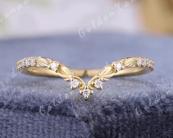 Nature Inspired Leaf Curved Wedding Band Solid Gold Moissanite Fairy Wedding Ring Stacking Matching Promise Rings for Women Handmade Jewelry