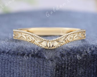 Natural Inspired Flower Curved Wedding Band Solid Gold Wedding Ring Handmade Engraved Vine Leaf Ring  Matching Ring Promise Rings for Women