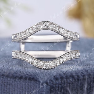 Moissanite Curved Double Wedding Band Vintage White Gold Engraved Patterned Wedding Promise Matching Rings Handmade Gift For Her