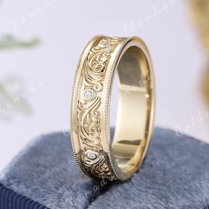 6mm Mens Engraved Wedding Band Diamond Thick Gold Vintage Moissanite Wedding Engagement Ring Handmade Antique Pattern Promise Rings For Men