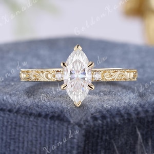 Vintage Marquise Moissanite Engagement Ring Solid Gold Handmade Engraved Wedding Ring  Low Profile Promise Rings by Goldenxanadujewelry
