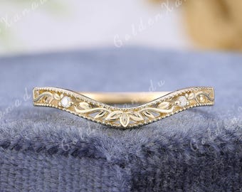 Natural Inspired Engraved Moissanite Curved Wedding Band Solid Gold Handmade Diamond Wedding Ring Leaf Stackable Promise Rings for Women